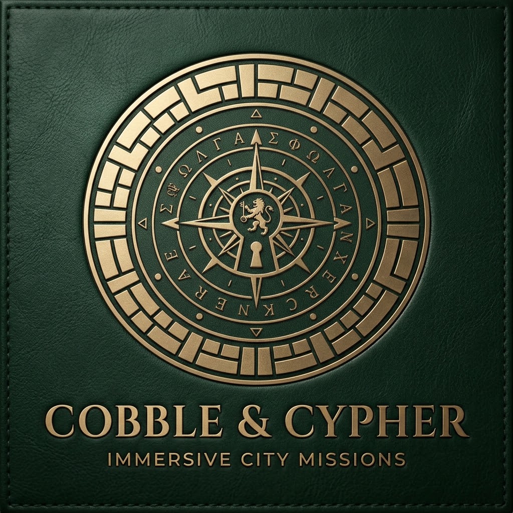 Original Cobble and Cypher gold emblem and lettering on a stitched green leather cover