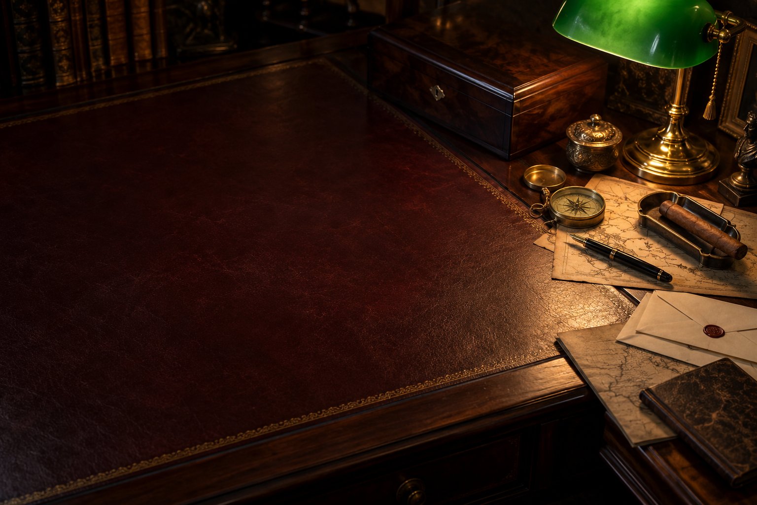 An oxblood leather writing blotter on a mahogany bureau with a banker’s lamp, sealed letters and an unlit cigar