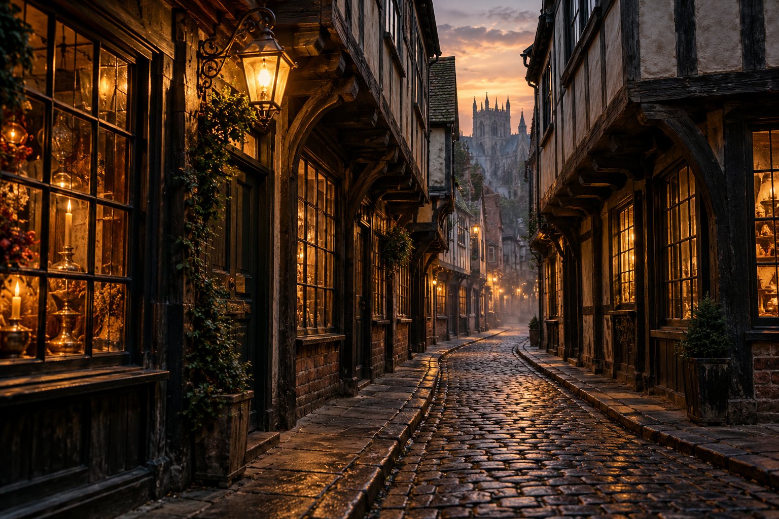 A narrow, atmospheric medieval street with timber-framed buildings and warm lantern light